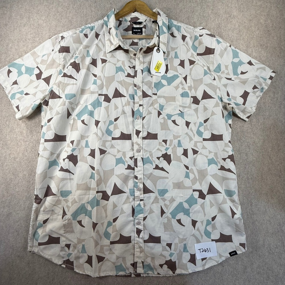 NWT Prana Mens XXL Slim Fit Short Sleeve Button Down Shirt Geometric Abstract